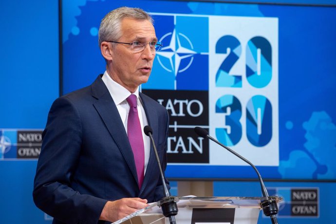HANDOUT - 01 June 2021, Belgium, Brussels: NATO Secretary-General Jens Stoltenberg holds a press conference following the online NATO Foreign Ministers' North Atlantic Council meeting. Photo: -/NATO/dpa - ATTENTION: editorial use only and only if the cr