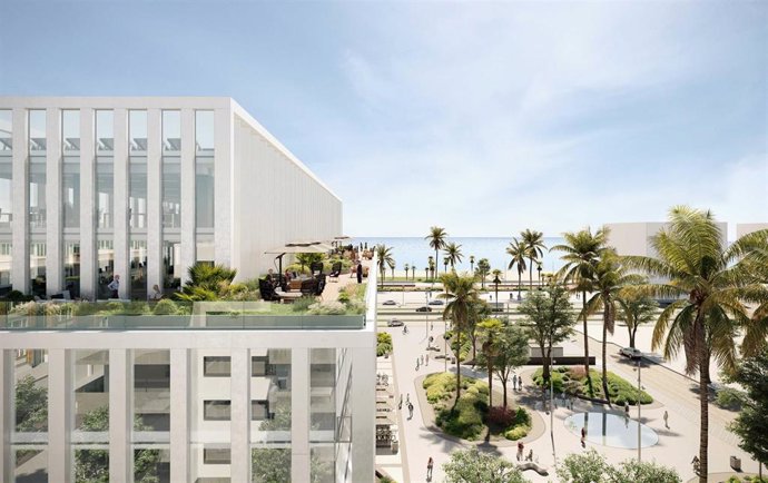 Agora es un edificio inteligente de fachada bioclimática y amplios jardines que destinará la planta baja a una plaza de uso público abierta al propio paseo marítimo de Málaga.