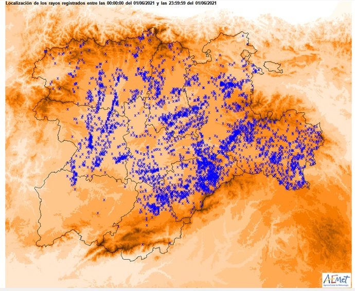 Mapa elaborado por la Aemet sobre los rayos caídos en la jornada del martes, 1 de junio