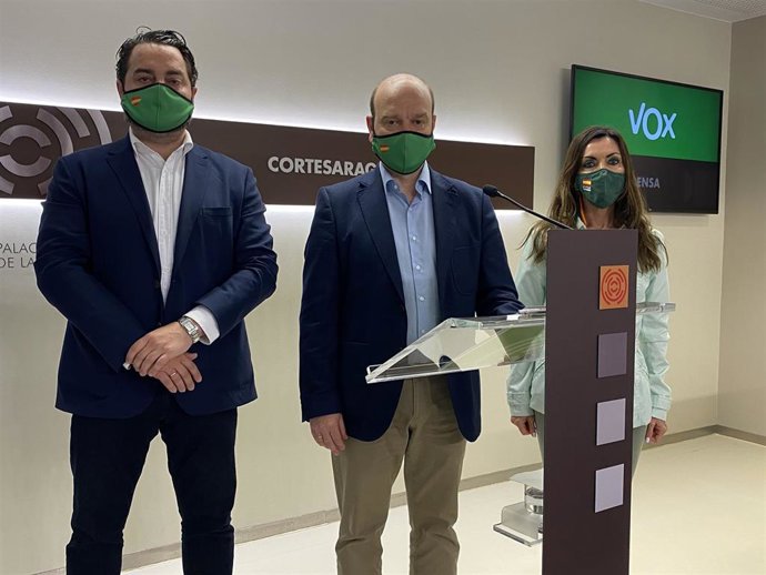 Los diputados de VOX en las Cortes de Aragón: David Arranz, Santiago Morón y Marta Fernández.