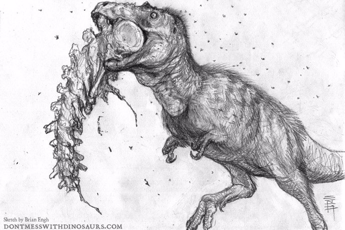 Representación de un artista de un joven Tyrannosaurus rex, de unos 13 años, masticando la cola de un Edmontosaurus, un dinosaurio pico de pato herbívoro del Cretácico tardío.