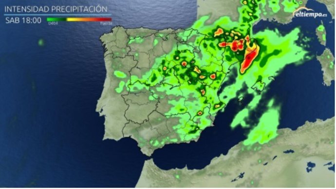 Mapa de la Península con la Intensidad de precipitación prevista durante la tarde del sábado, 5 de junio de 2021