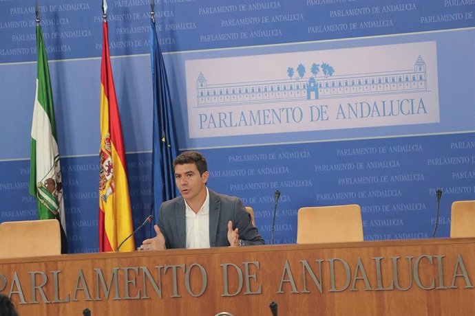 El portavoz de Cs en el Parlamento de Andalucía, Sergio Romero, este miércoles en rueda de prensa.