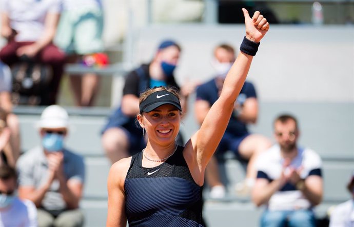 Paula Badosa of Spain in action during the first round of the 2021 Roland Garros Grand Slam Tournament against Lauren Davis of the United States