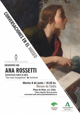 Cartel anunciador de la jornada 'Conversaciones en el Museo' con Ana Rossetti organizada por la Junta de Andalucía.
