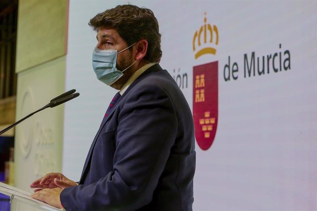 El presidente de la región de Murcia, Fernando López Miras, preside el acto central conmemorativo del Día de la Región de Murcia en Fitur, a 20 de mayo de 2021, en Madrid (España). La Feria Internacional del Turismo, Fitur 2021 'Especial Recuperación Turi