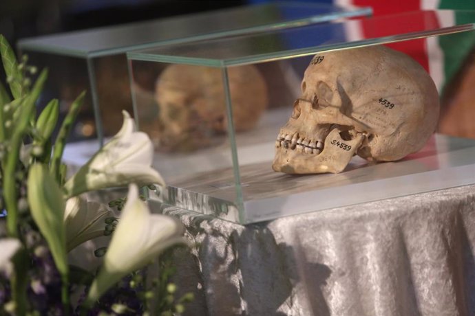 Archivo - Calavera de una persona asesinada durante la época colonial alemana en Namibia