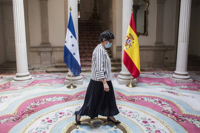 La ministra de Asuntos Exteriores, Unión Europea y Cooperación, Arancha González Laya, a su llegada para recibir a su homólogo hondureño, en el Palacio de Viana, a 28 de mayo de 2021, en Madrid, (España). La reunión se produce días después de la visita 
