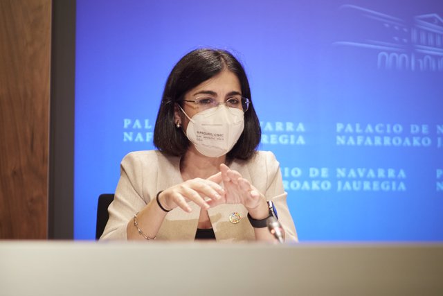 La ministra de Sanidad, Carolina Darias, comparece en rueda de prensa tras presidir desde Pamplona el pleno telemático del Consejo Interterritorial del Sistema Nacional de Salud,