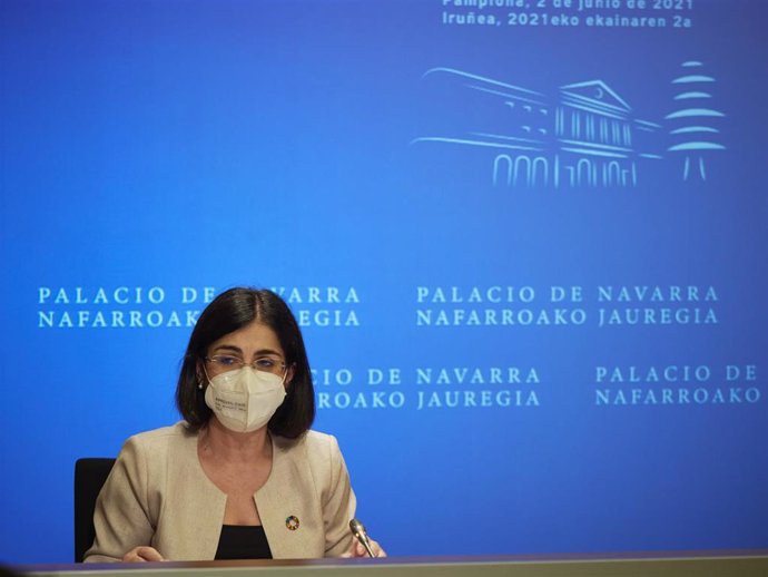 La ministra de Sanidad, Carolina Darias, comparece en rueda de prensa tras presidir desde Pamplona el pleno telemático del Consejo Interterritorial del Sistema Nacional de Salud,