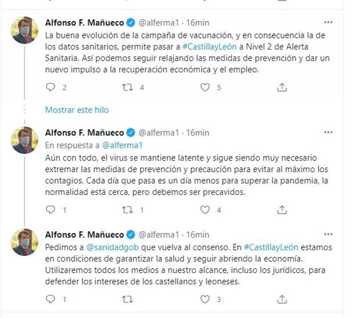Captura del hilo creado por el presidente de la Junta en Twitter.