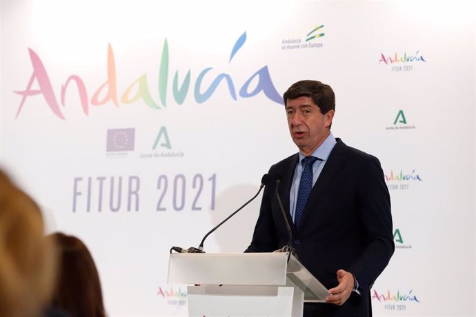 El vicepresidente de la junta, Juan Marín, en la inauguración de  el pabellón de Andalucía en Fitur a  19 de mayo del 2021, en Madrid, España