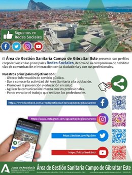 Cartel anunciador de las nuevas redes sociales del Área de Gestión Sanitaria Campo de Gibraltar Este.