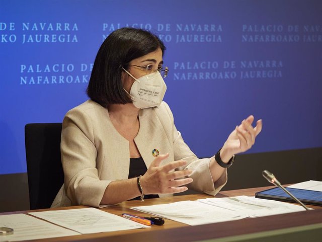 La ministra de Sanidad, Carolina Darias, comparece en rueda de prensa, tras presidir desde Pamplona el pleno telemático del Consejo Interterritorial del Sistema Nacional de Salud, en el Palacio de Navarra, a 2 de junio de 2021, en Pamplona, Navarra (Españ