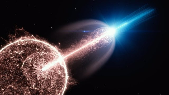 Impresión artística de un chorro relativista de un estallido de rayos gamma (GRB), saliendo de una estrella que colapsa y emitiendo fotones de muy alta energía.