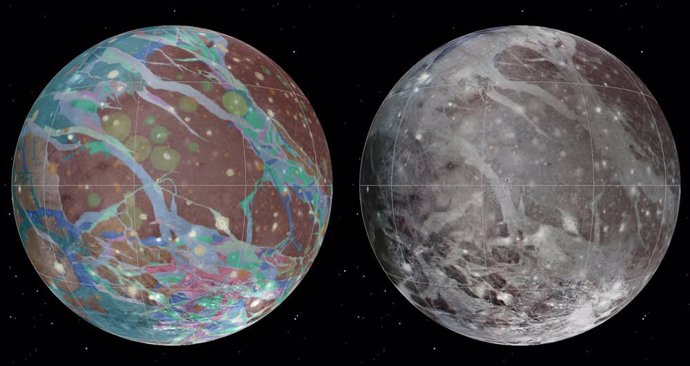Mosaico y mapas geológicos de la luna de Júpiter, Ganímedes, creados a partir de las mejores imágenes disponibles de las naves espaciales Voyager 1 y 2 y la nave espacial Galileo de la NASA