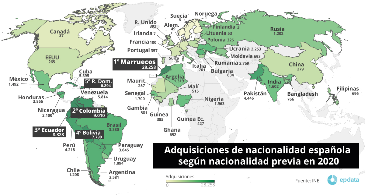 Mapa con adquisiciones de nacionalidad española según nacionalidad previa en 2020