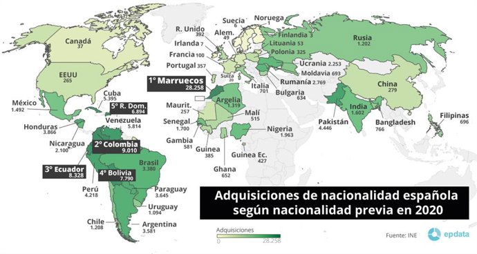 Mapa con adquisiciones de nacionalidad española según nacionalidad previa en 2020