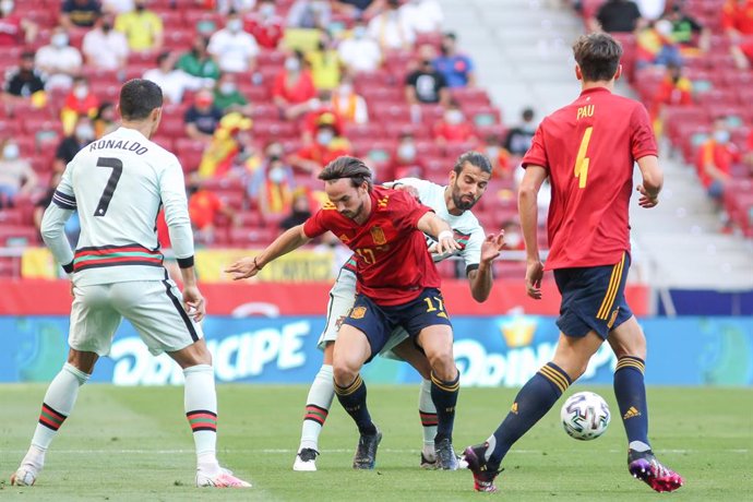 Fabian Ruiz of Spain and Sergio Oliveira of Portugal in action during the international friendly match played between Spain and Portugal at Wanda Metropolitano stadium on Jun 04, 2021 in Madrid, Spain.