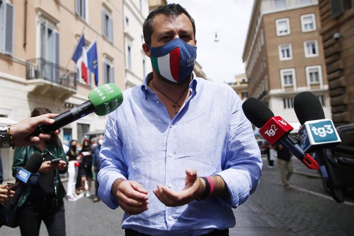 02 June 2021, Italy, Rome: Lega Nord leader Matteo Salvini speaks to media during a press conference. Photo: Cecilia Fabiano/LaPresse via ZUMA Press/dpa