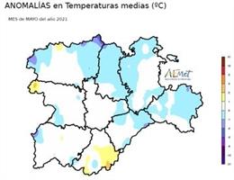 Mapa elaborado por la Aemet sobre la anomalía de la temperatura media en mayo