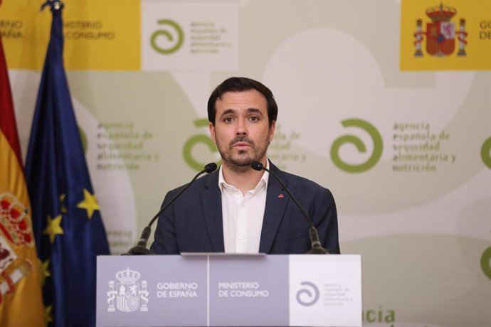 El ministro de Consumo, Alberto Garzón, inaugura la jornada virtual organizada por la Agencia Española de Seguridad Alimentaria y Nutrición (AESAN), a 7 de junio de 2021, en la sede de AESAN, Madrid, (España). El acto, organizado para conmemorar el Día 