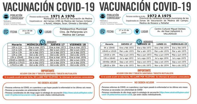 Nuevas convocatorias para vacunación en Valladolid y Medina del Campo.