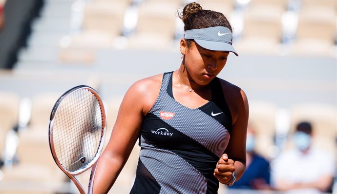 Naomi Osaka of Japan in action during the first round of the 2021 Roland Garros Grand Slam Tournament against Patricia Maria Tig of Romania