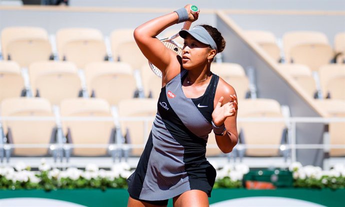 Naomi Osaka of Japan in action during the first round of the 2021 Roland Garros Grand Slam Tournament against Patricia Maria Tig of Romania