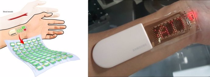 Prototipo de pantalla estirable que muestra la frecuencia cardiaca presentado por Samsung.