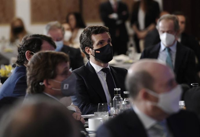 El líder del PP, Pablo Casado, en un desayuno informativo organizado por Nueva Economía Forum, a 8 de junio de 2021, en el Hotel Four Seasons, Madrid, (España).
