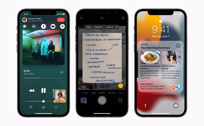 Imagen de dispositivos iPhone con nuevas características de FaceTime, texto en vivo y notificaciones rediseñadas en iOS 15