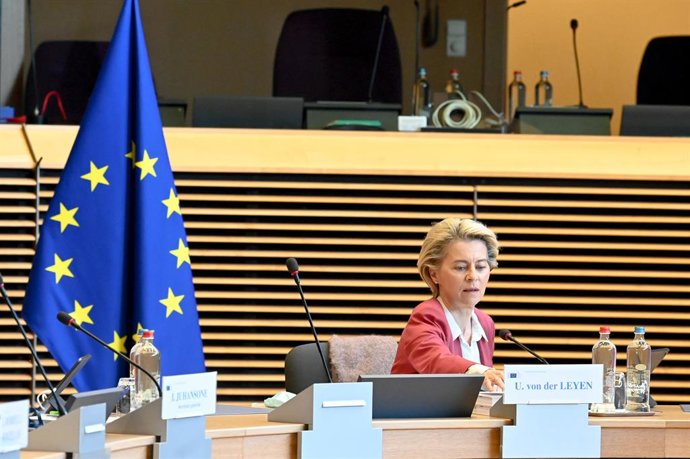 HANDOUT - 02 June 2021, Belgium, Brussels: President of the European Commission Ursula von der Leyen attends the weekly meeting of the Commission. Photo: Etienne Ansotte/European Commission/dpa - ATTENTION: editorial use only and only if the credit ment