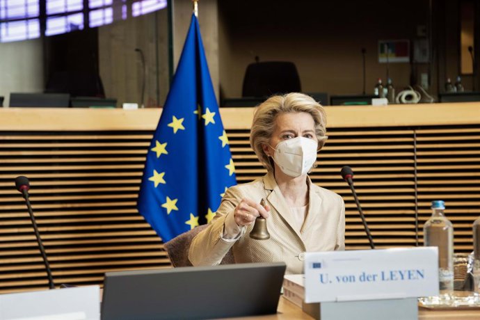 HANDOUT - 12 May 2021, Belgium, Brussels: President of the European Commission Ursula von der Leyen chairs the weekly meeting of the Commission. Photo: Jennifer Jacquemart/European Commission/dpa - ATTENTION: editorial use only and only if the credit me