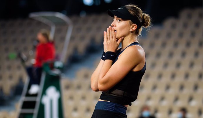 Paula Badosa of Spain reacts to winning the third round of the 2021 Roland Garros Grand Slam Tournament against Ana Bogdan of Romania