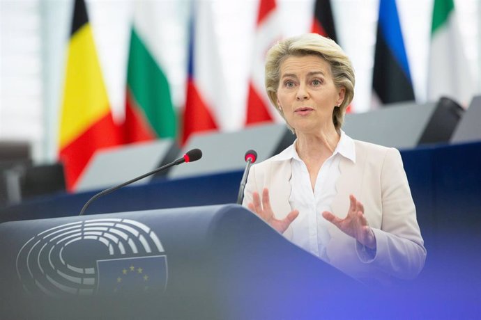 HANDOUT - 08 June 2021, France, Strasbourg: President of the European Commission Ursula von der Leyen speaks during a plenary session of the European Parliament on the ongoing assessment by the Commission and the Council of the national recovery and res