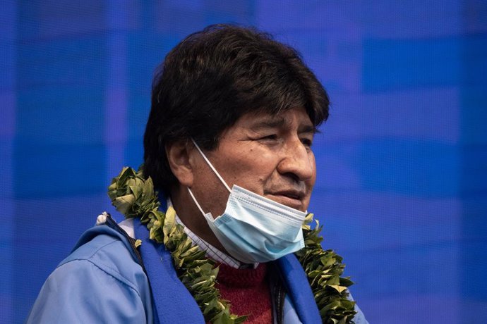 Archivo - 29 March 2021, Bolivia, La Paz: Evo Morales, former president of Bolivia, speaks during the 26th anniversary of the founding of the ruling party Movement for Socialism (MAS). Evo Morales was forced to resign after allegations of fraud against 
