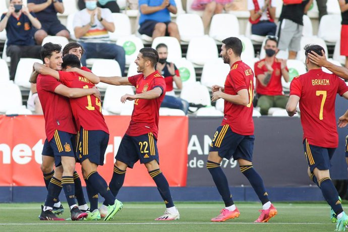 Hugo Guillamon of Spain U21 celebrates a goal during the international friendly match played between Spain U21 and Lithuania at Municipal de Butarque stadium on Jun 07, 2021 in Leganes, Madrid, Spain.