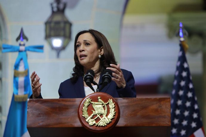 07 June 2021, Guatemala, Guatemala City: USVice President Kamala Harris speaks during a joint press conference with Guatemalan President Alejandro Giammattei at the Culture Palace in Guatemala City. Photo: Presidencia De Guatemala/Preside/Planet Pix vi