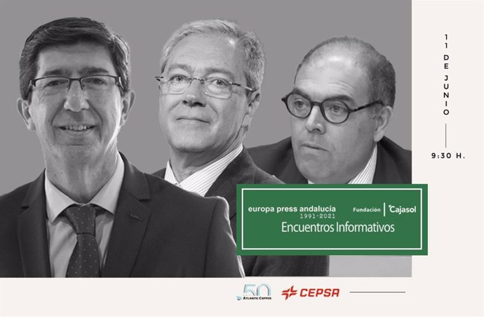Cartel anunciador del encuentro informativo de Europa Press 'La reactivación de Andalucía tras la crisis del Covid' con Juan Marín, Rogelio Velasco y Lorenzo Amor