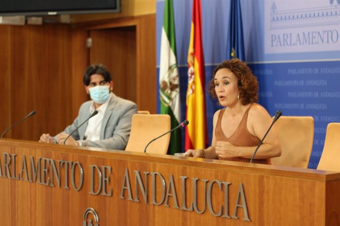 Los parlamentarios de Adelante Andalucía, Ismael Sánchez y Ana Naranjo, este miércoles en la rueda de prensa.
