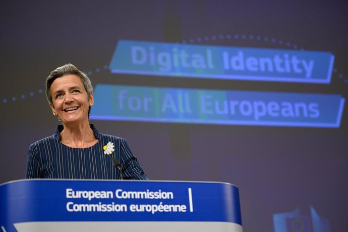 HANDOUT - 03 June 2021, Belgium, Brussels: European Commission vice-president in charge Europe fit for the digital age Margrethe Vestager gives a press on establishing an European Digital Identity Framework at the European Commission in Brussels. Photo: