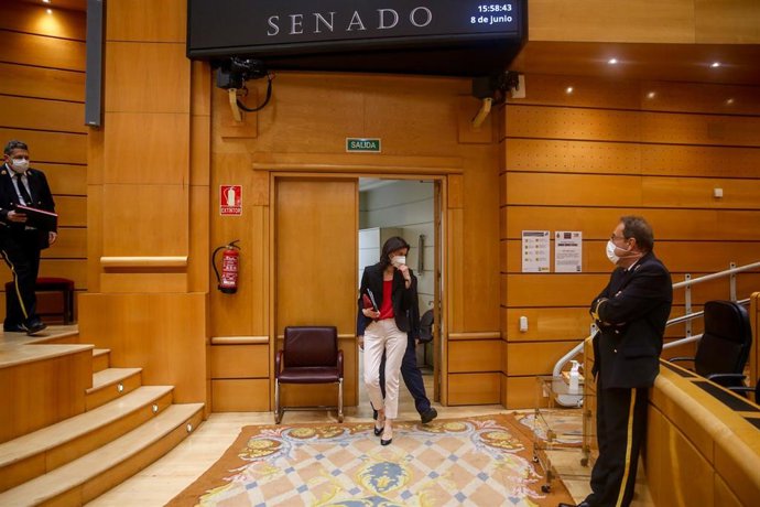 La presidenta del Senado, Pilar Llop, a su llegada a una sesión de control al Gobierno, a 8 de junio de 2021, en el Senado, Madrid, (España). La sesión, marcada por la ausencia del presidente del Gobierno debido a su viaje oficial a Argentina, gira en t