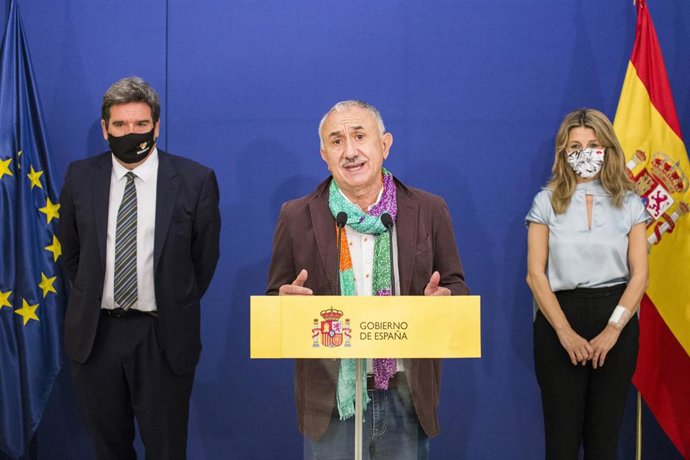 El secretario general de UGT, Pepe Álvarez, interviene durante la firma del V Acuerdo Social en Defensa del Empleo, a 27 de mayo de 2021, en el Ministerio de Trabajo y Economía Social, Madrid, (España). La firma de este acuerdo, entre el Gobierno y agen