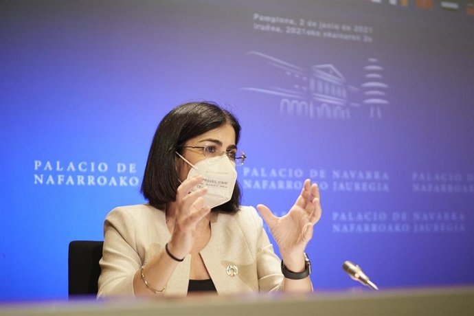 La ministra de Sanidad, Carolina Darias, comparece en rueda de prensa, tras presidir desde Pamplona el pleno telemático del Consejo Interterritorial del Sistema Nacional de Salud, en el Palacio de Navarra, a 2 de junio de 2021, en Pamplona, Navarra (Esp