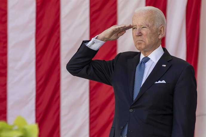 31 May 2021, US, Arlington County: US President Joe Biden salutes during the annual Memorial Day commemoration in the Memorial Amphitheater at Arlington National Cemetery. Photo: Sgt. Gabriel Silva/US Army via Planet Pix via ZUMA Wire/dpa