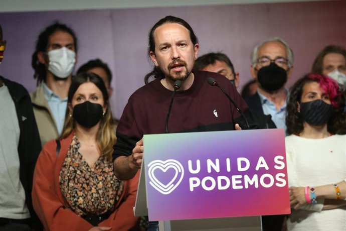 Archivo - El candidato de Unidas Podemos a la presidencia de la Comunidad de Madrid y secretario general de Podemos, Pablo Iglesias, durante una rueda de prensa tras las votaciones de la jornada electoral, a 4 de mayo de 2021, en Madrid (España).