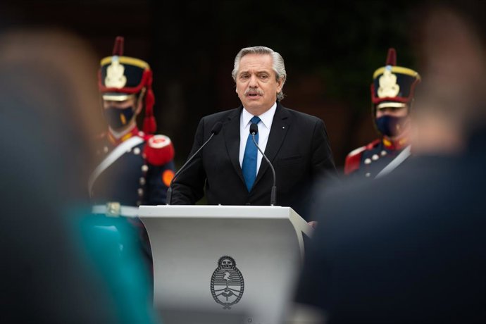 09 June 2021, Argentina, Buenos Aires: Argentine President Alberto Fernandez Speaks during a joint press conference with Spanish Prime Minister Pedro Sanchez at the Argentine Government House. Photo: Manuel Cortina/SOPA Images via ZUMA Wire/dpa