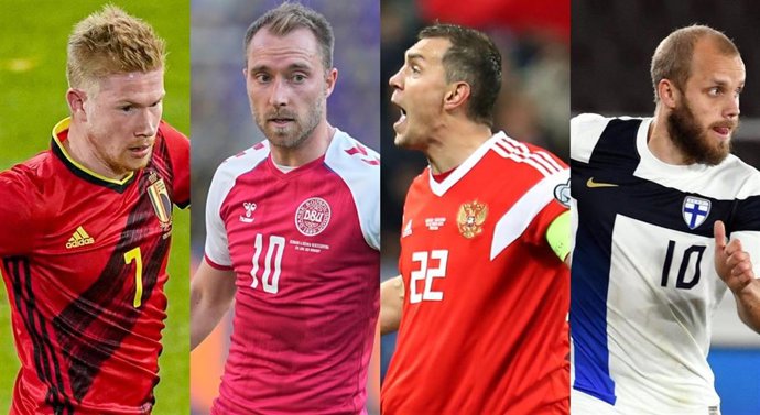 De izquierda a derecha, Kevin De Bruyne (Bélgica), Christian Eriksen (Dinamarca), Artem Dzyuba (Rusia) y Teemu Pukki (Finlandia)