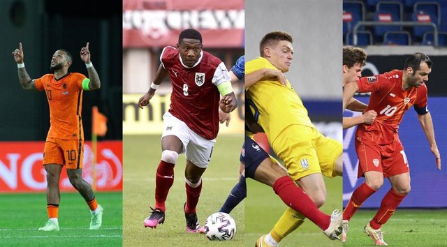 Jugadores a seguir del Grupo C de la Eurocopa 2020 (de izquierda a derecha): Memphis Depay (Países Bajos), David Alaba (Austria), Victor Tsygankov (Ucrania) y Goran Pandev (Macedonia del Norte)